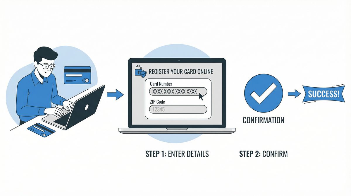 An illustration showing a person holding a Vanilla Gift Card in front of a laptop, successfully completing an online purchase.