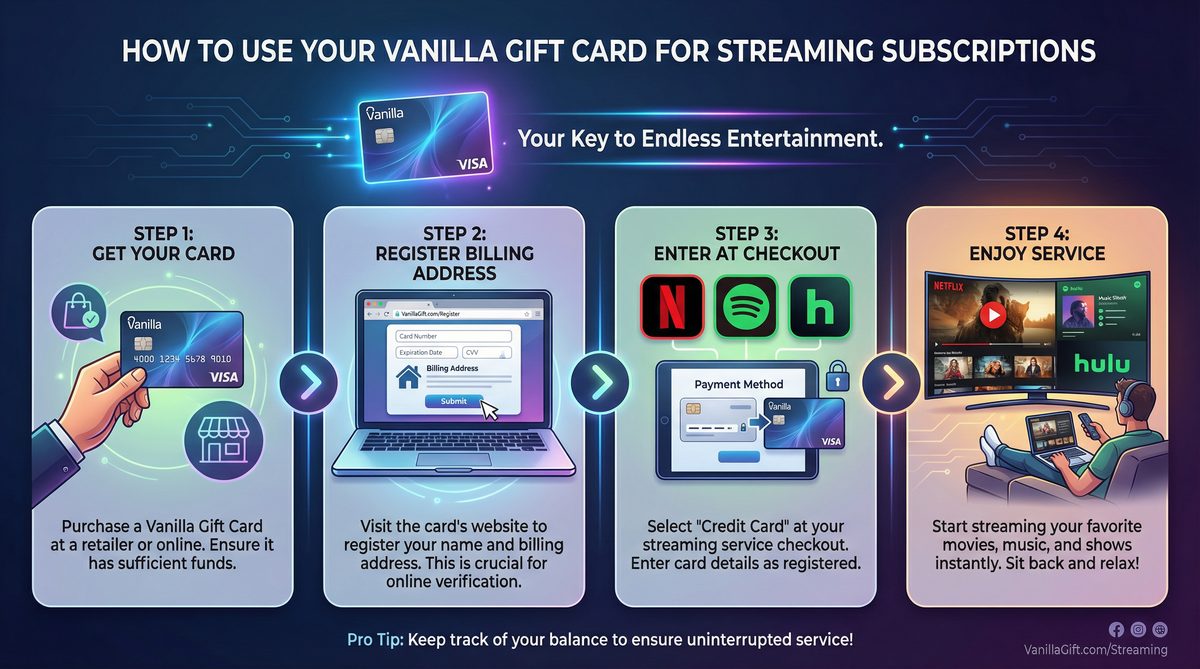 بطاقة هدايا فانيلا تستخدم للدفع لاشتراكات Netflix و Spotify و Hulu