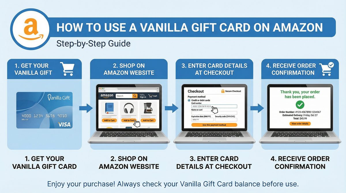 شرح تفصيلي لكيفية استخدام بطاقة هدايا فانيلا على أمازون