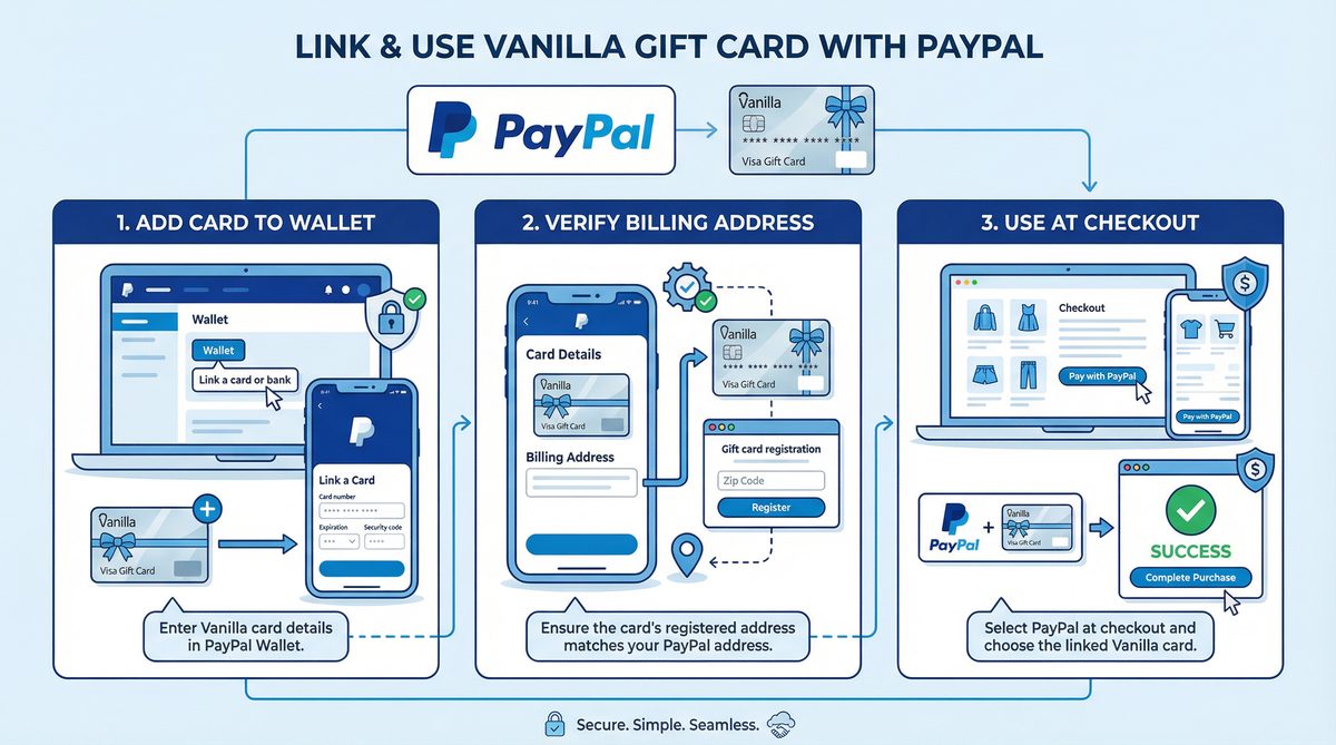 Vanilla gift card and PayPal: An illustration of a Vanilla gift card being used for a PayPal purchase on a laptop screen, with Visa and PayPal logos clearly visible.