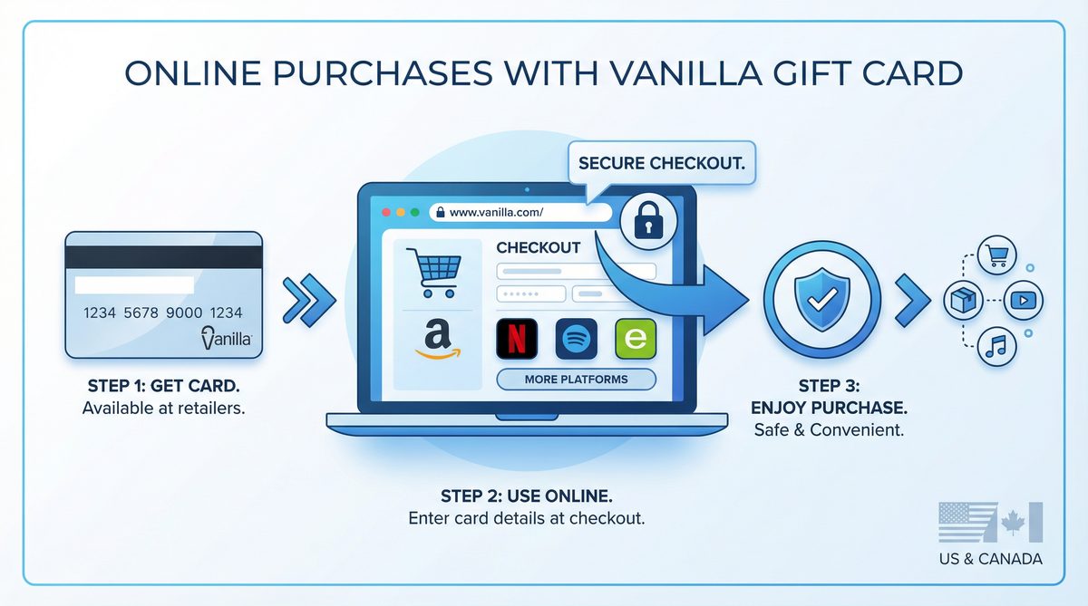 A step-by-step guide to using a Vanilla Gift Card for online purchases.