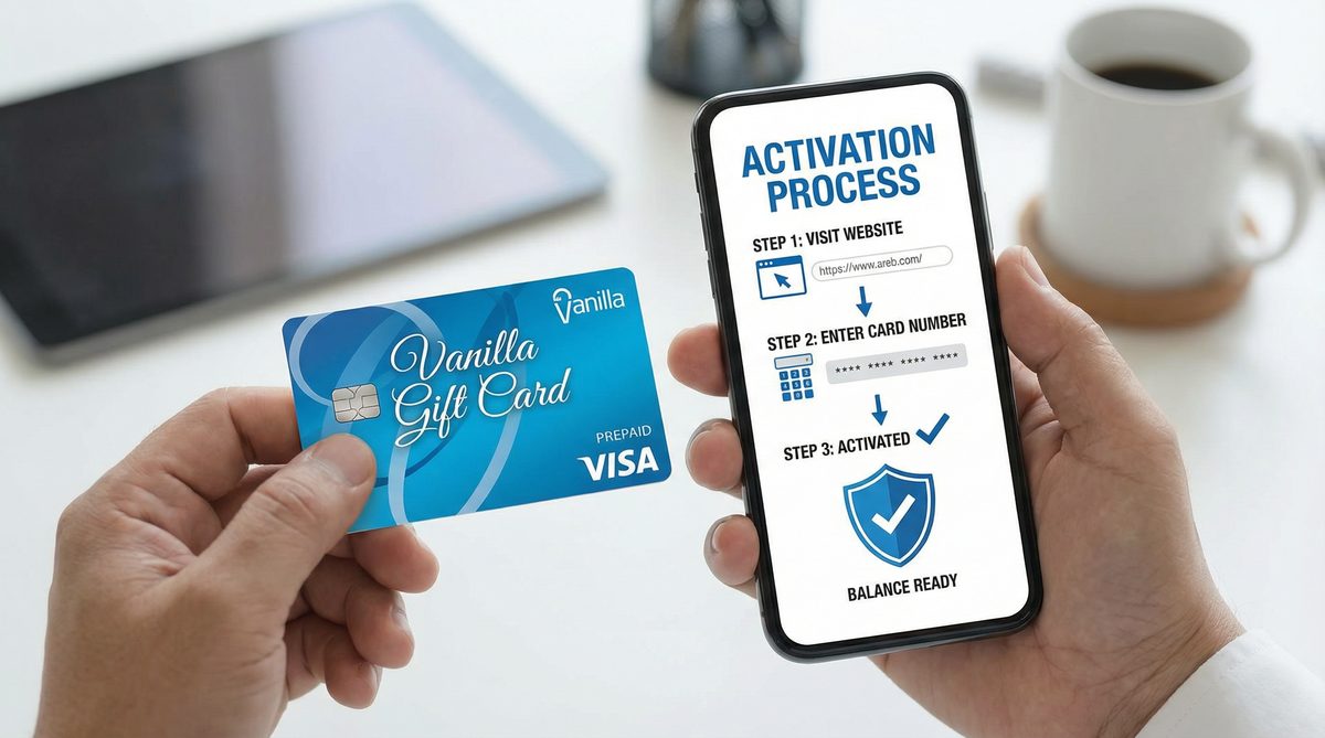 A person holding a Vanilla Gift Card, with digital activation steps displayed on a smartphone screen, illustrating the complete step-by-step guide for activation.