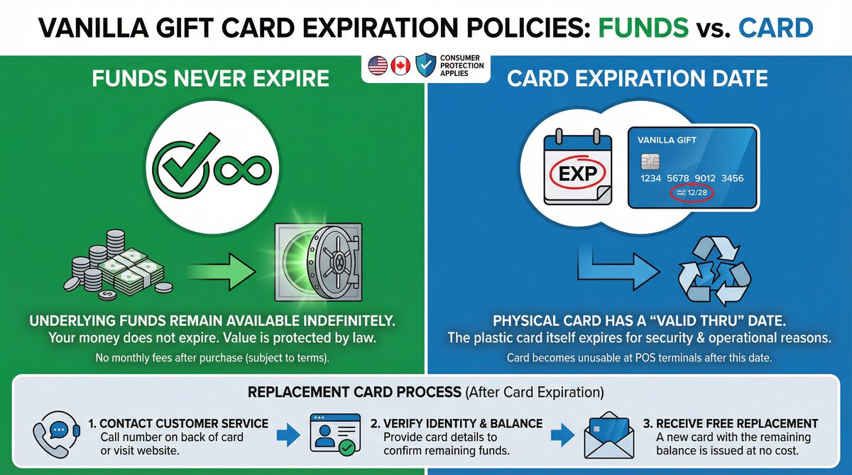 Infographic illustrating Vanilla Gift Card expiration policies and consumer protection laws in the US and Canada.