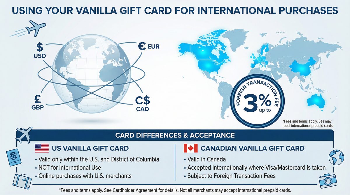 Vanilla gift card for international purchases: A diagram showing restrictions, fees, and supported currencies