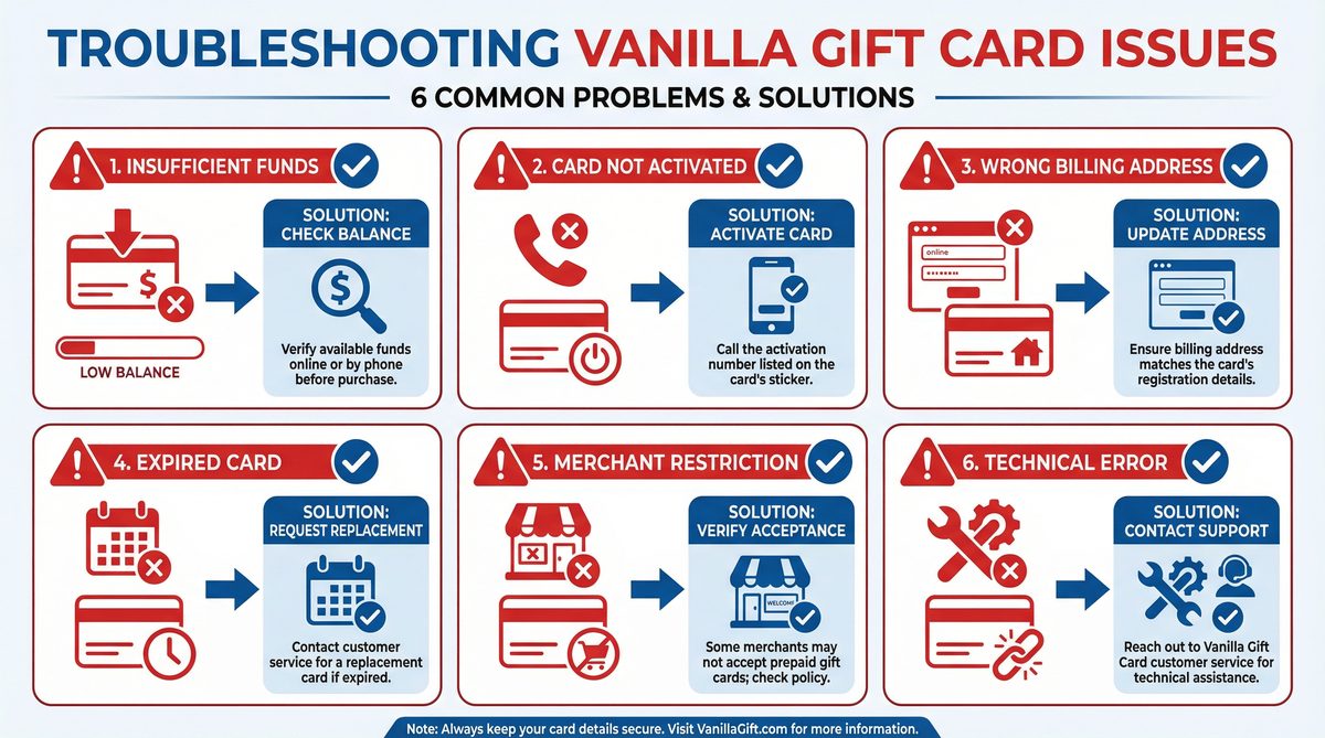 Illustration of a person troubleshooting a Vanilla gift card with various solutions, depicting common issues and their resolutions in a clear, professional infographic style.