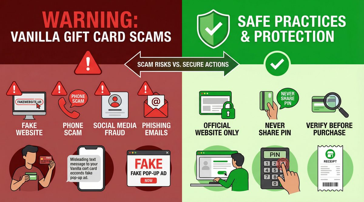 Infographic illustrating various Vanilla Gift Card scams and prevention tips